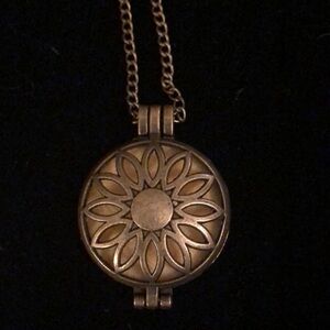 Essential Oil Diffuser Necklace. Aromatherapy pads Daisy pattern brass.
31”
